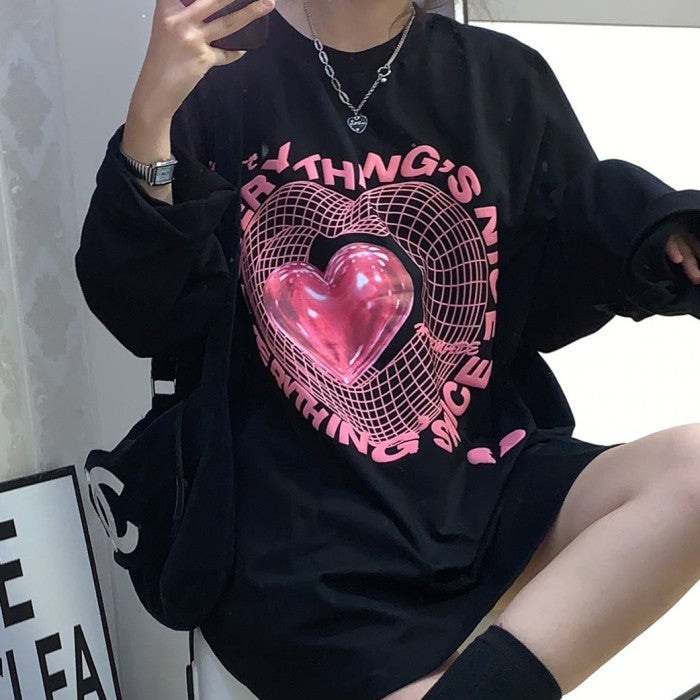 ピンクハートプリント長袖シャツ◆シャツ ガーリー系 M、L、XL、XXL