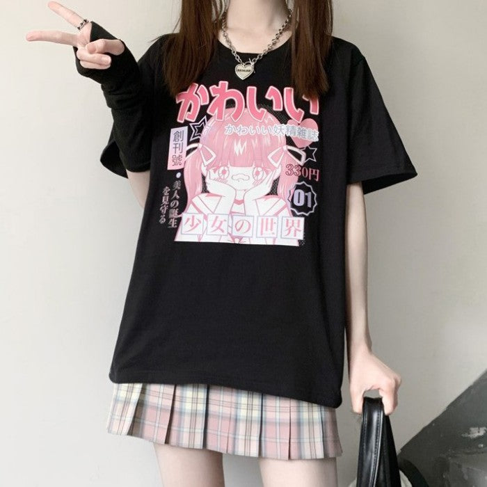 イラストプリントTシャツ少女世界ver◆イラストTシャツ ガーリー系 M、XL