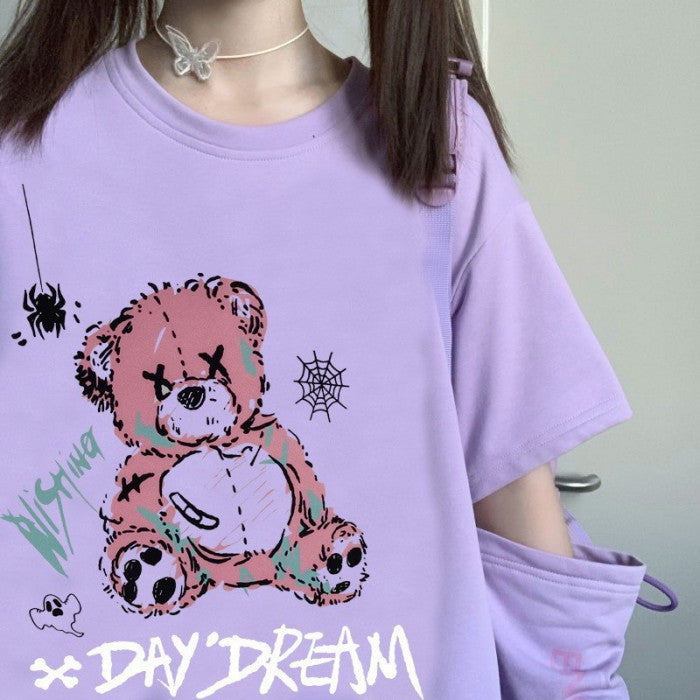 袖取り外し可イラストプリントTシャツDAYクマver◇イラストTシャツ