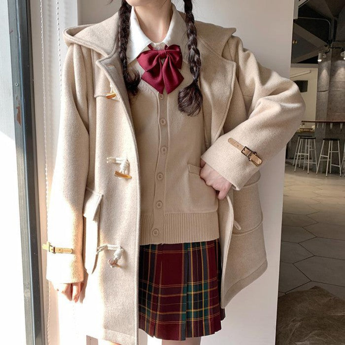 フード付ホーンボタンウールコート◆コート 学生服 S、M、L、XL