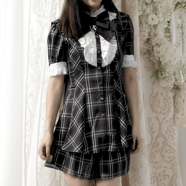 チェック柄レースカラーワンピ+ショーツセットアップ◆セットアップ 量産型 S、M、L、XL
