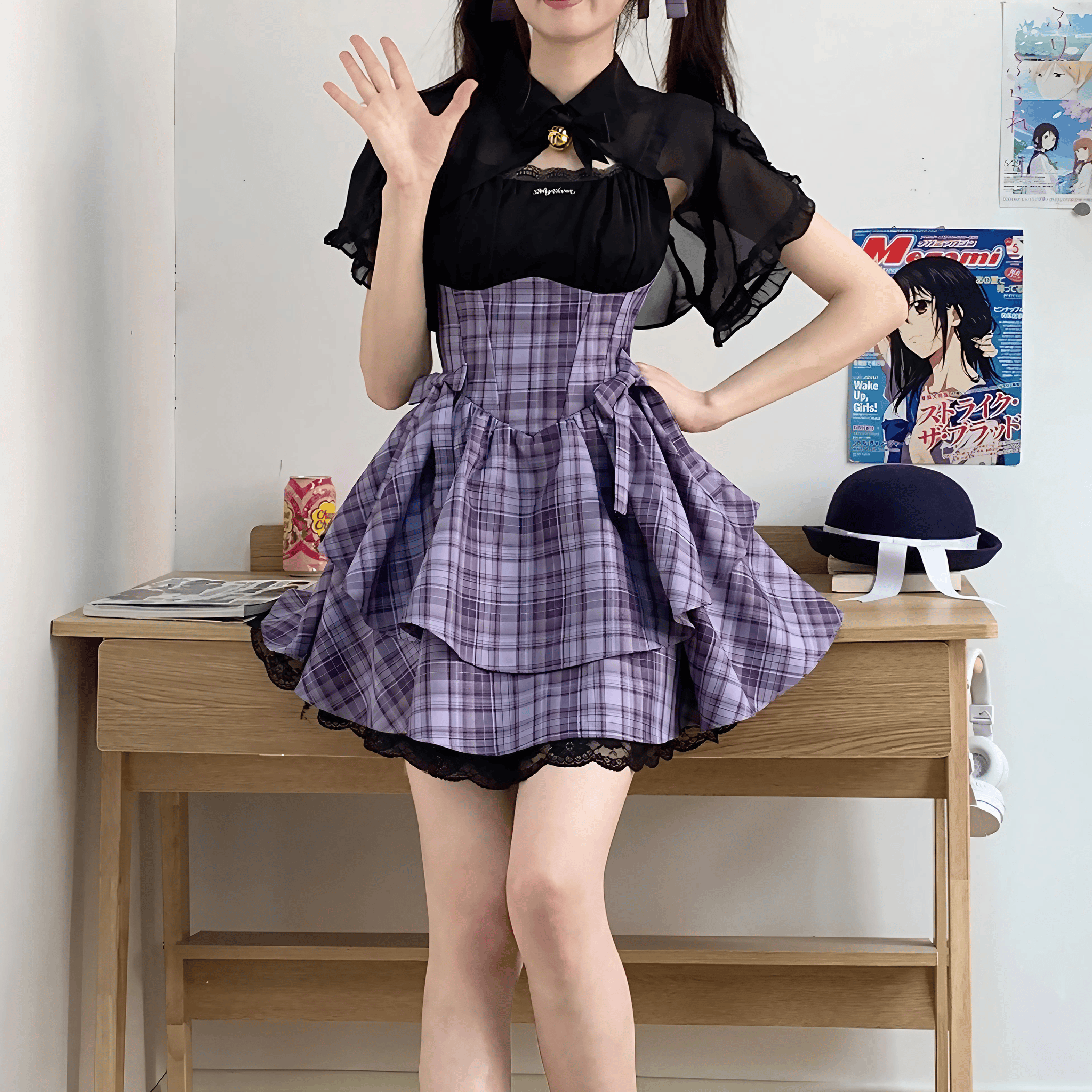 【LALAJK】ショートカーディガン+チェック柄ワンピース◆ワンピース 地雷系 S、M、L、XL