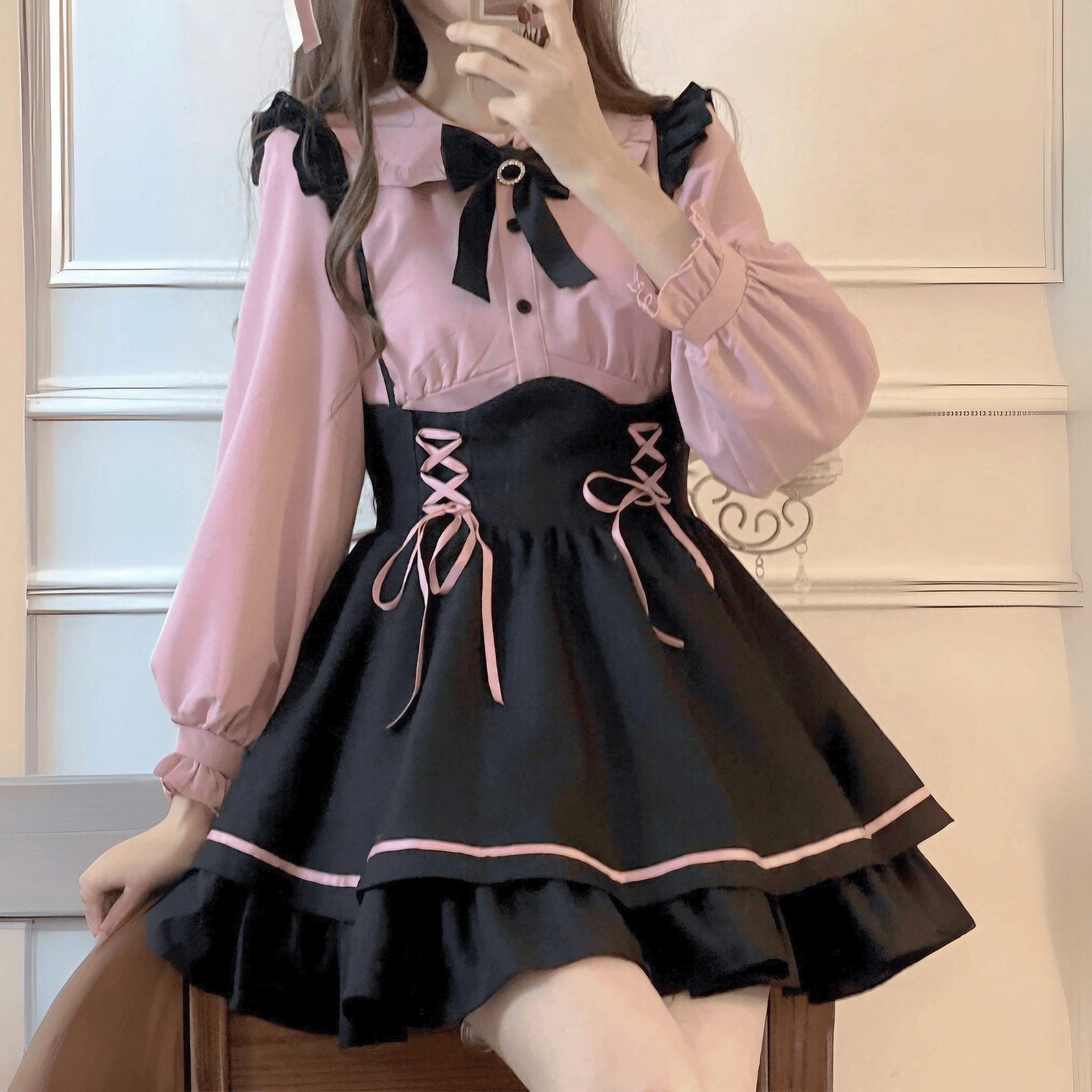 フリルドールカラーピンクブラウス◇ブラウス 地雷系 S、M、L、XL