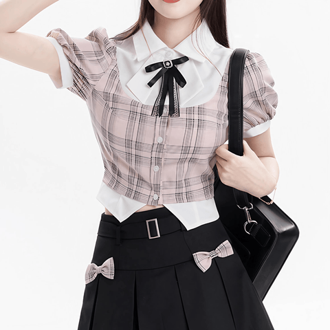 【LALAJK】格子柄ボウタイショートブラウス◆ブラウス 量産型 S、M、L、XL