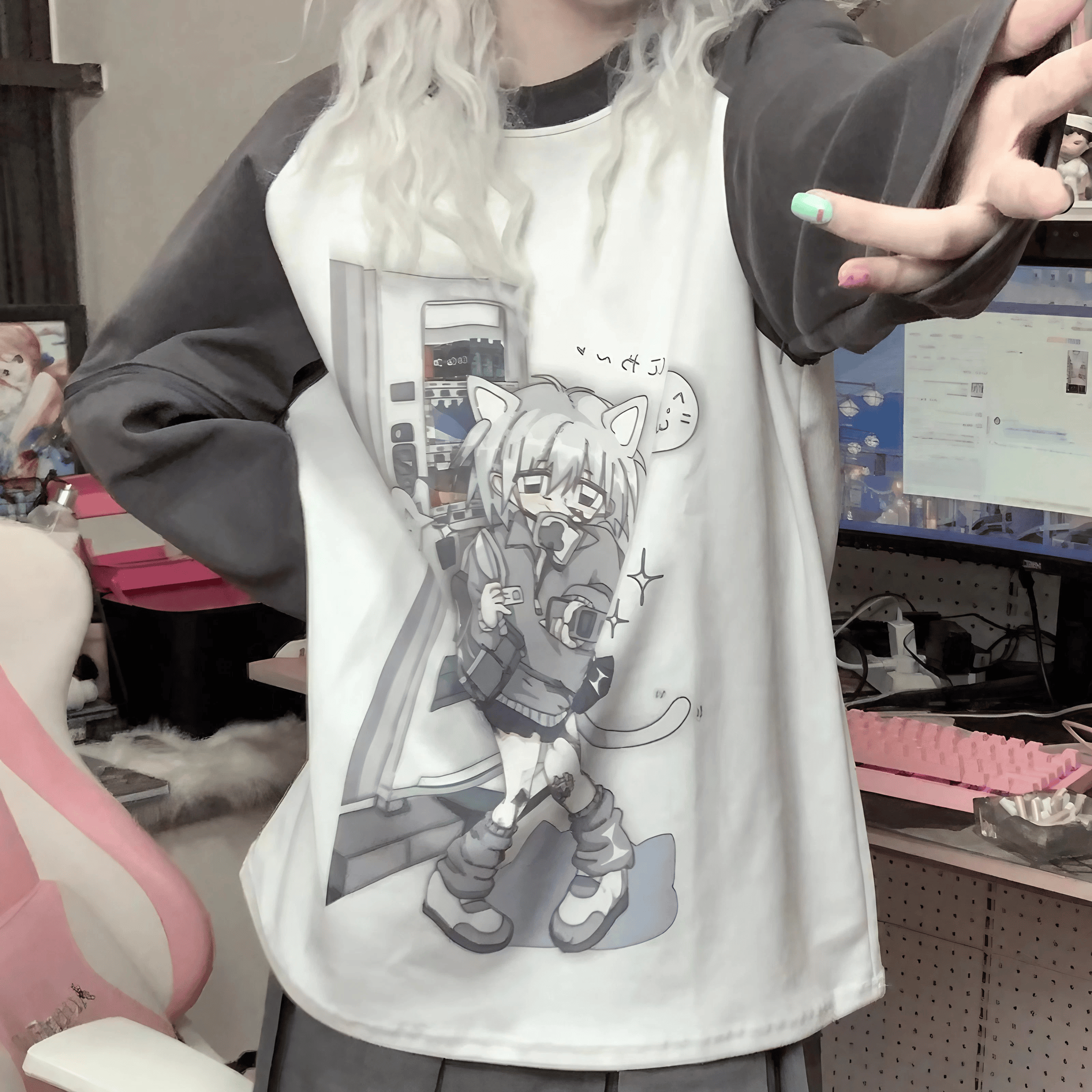 袖取り外し可猫ガールプリントスウェット◆スウェット サブカル系 S、M、L