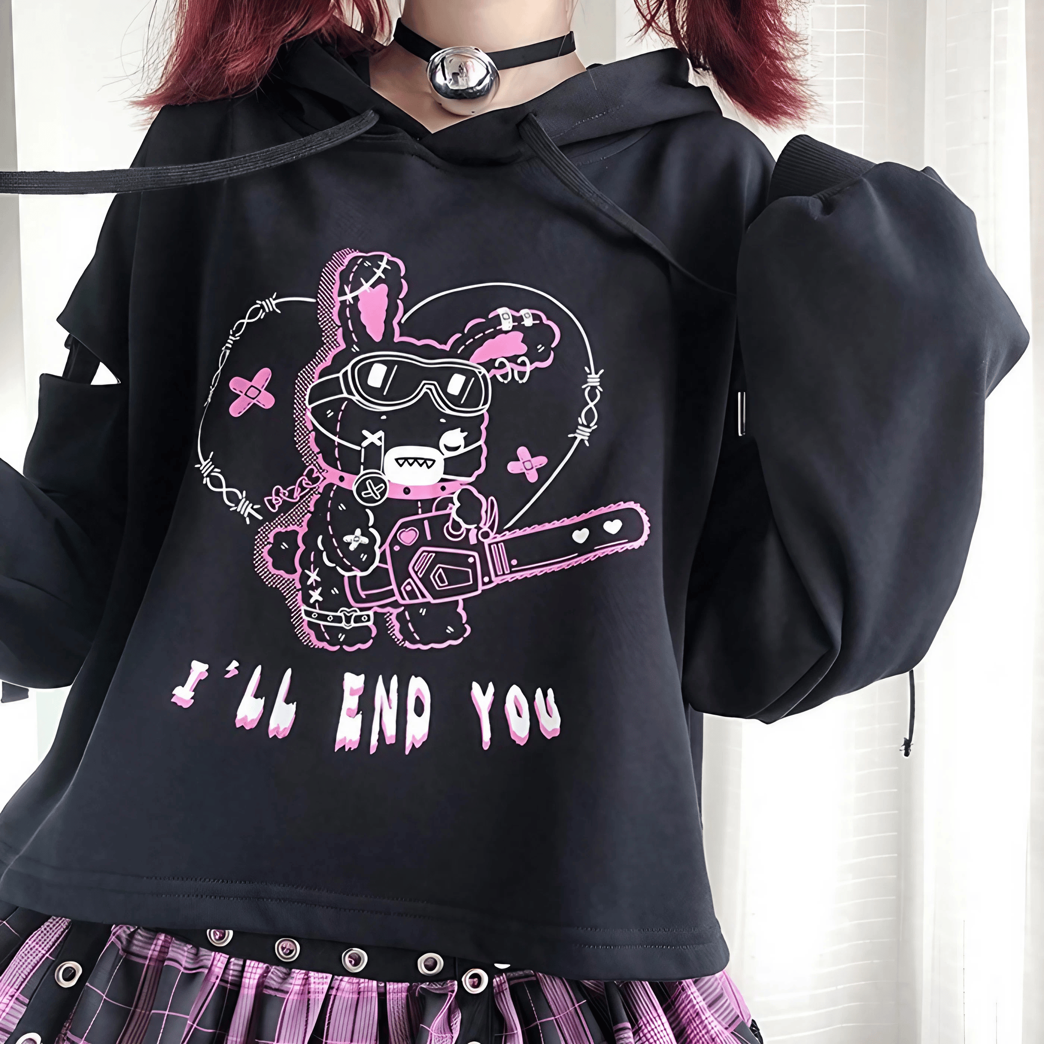 ショート丈うさぎイラストパーカー◆パーカー サブカル系 S、M、L、XL、XXL
