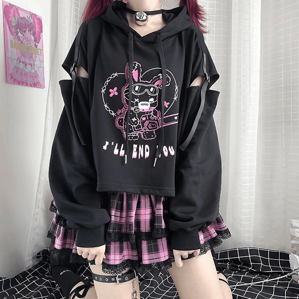 ショート丈うさぎイラストパーカー◆パーカー サブカル系 S、M、L、XL、XXL