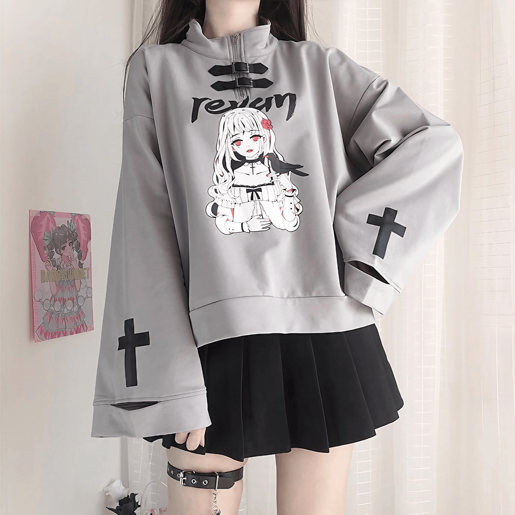 ワイドスリーブレザーバックルスウェット◆スウェット 地雷系 S、M、L、XL、XXL