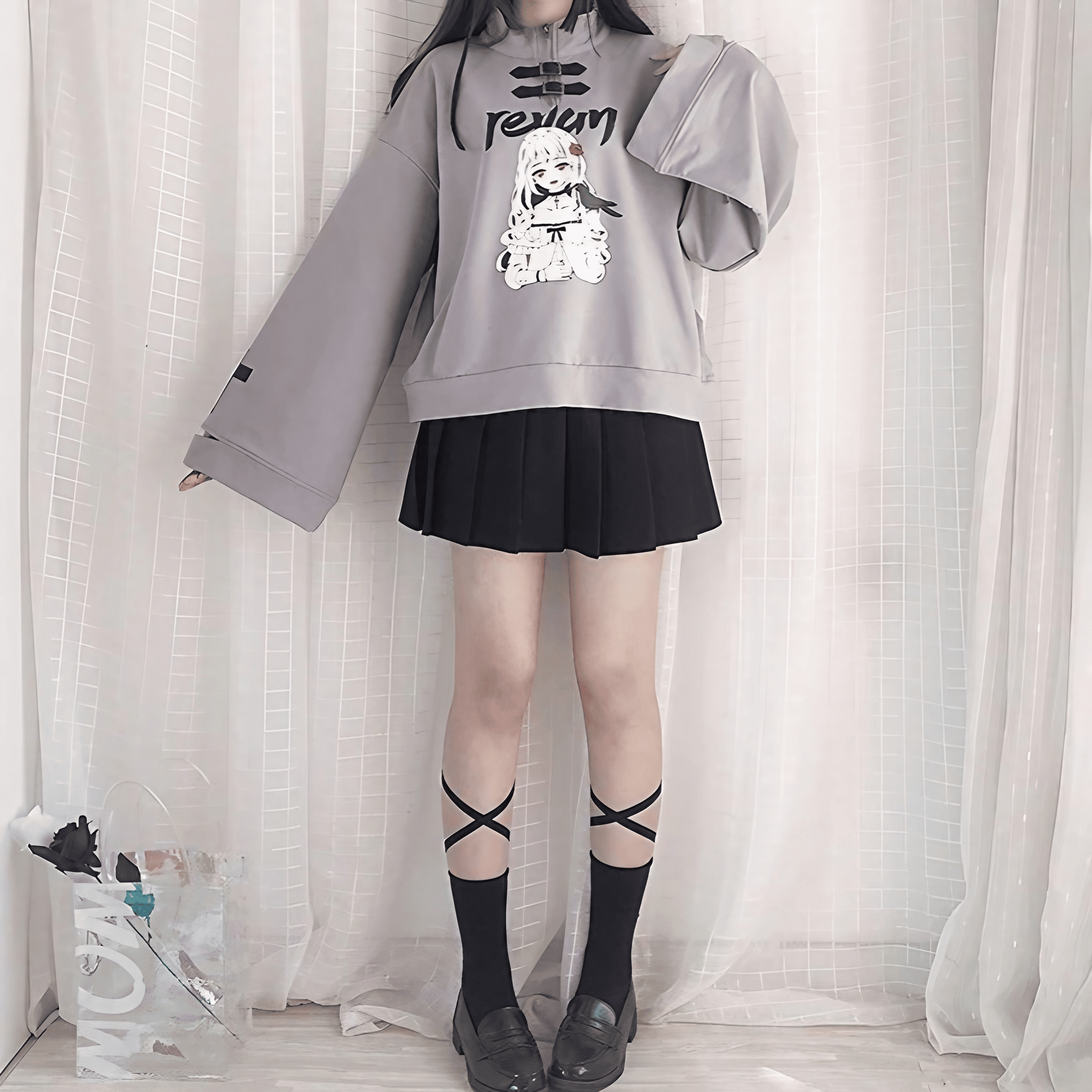 ワイドスリーブレザーバックルスウェット◆スウェット 地雷系 S、M、L、XL、XXL