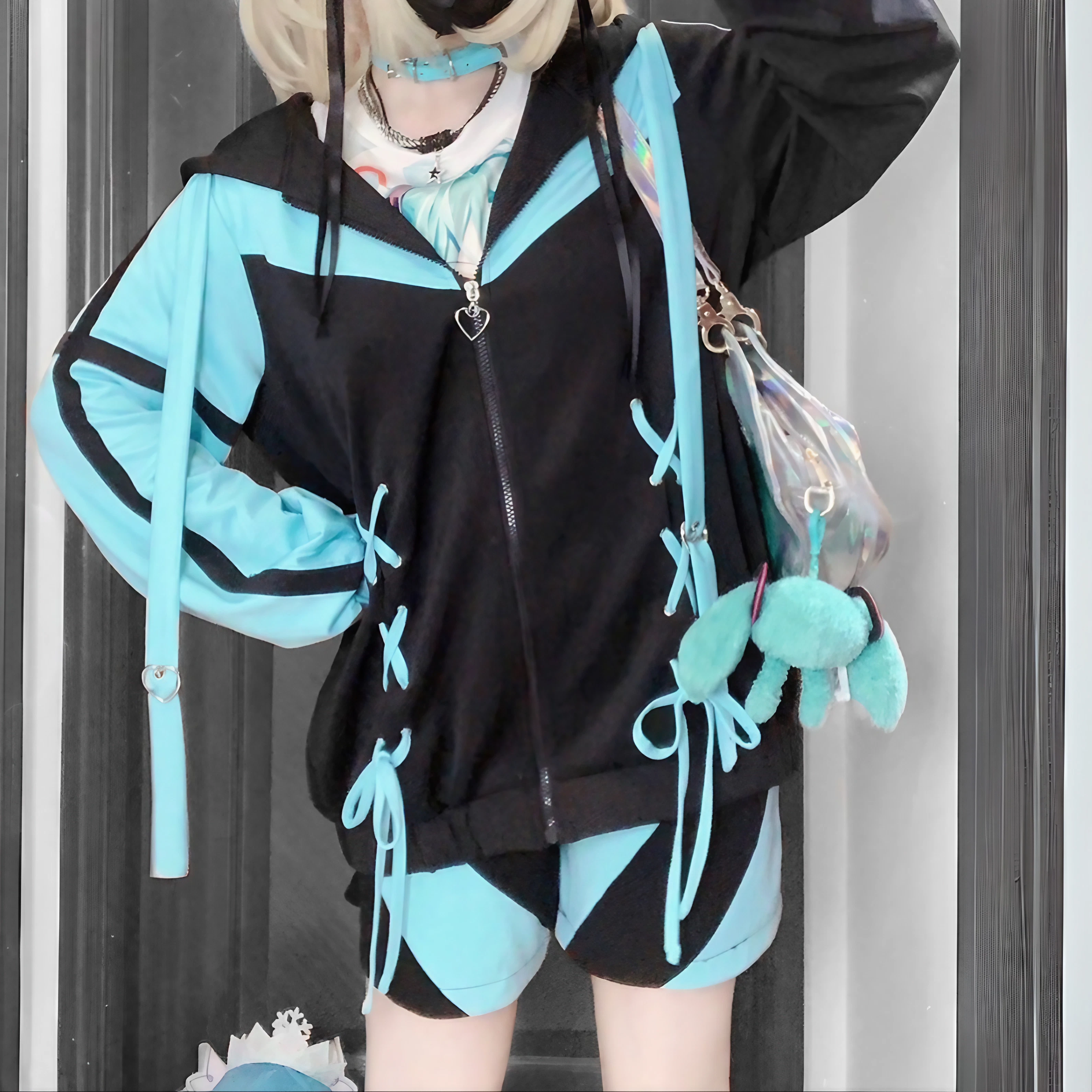 【银河与你】レースアップコントラストカラーパーカー◆パーカー サブカル系 M、L、XL