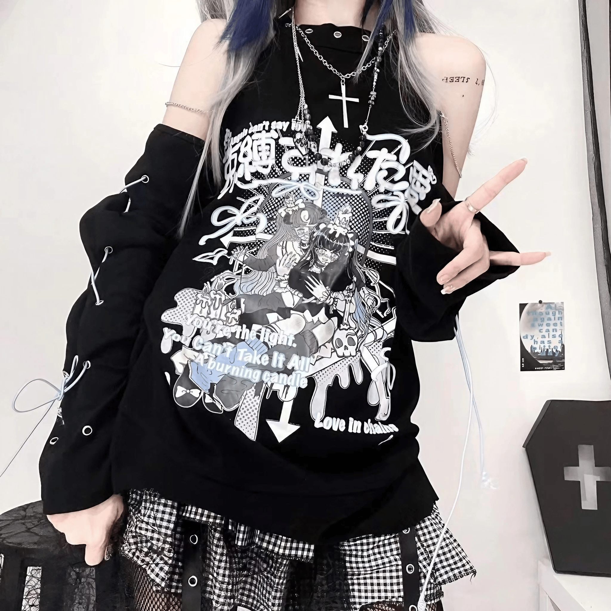 オフショルバウンドラブイラストトップ◆シャツ 地雷系 S、M、L、XL、XXL
