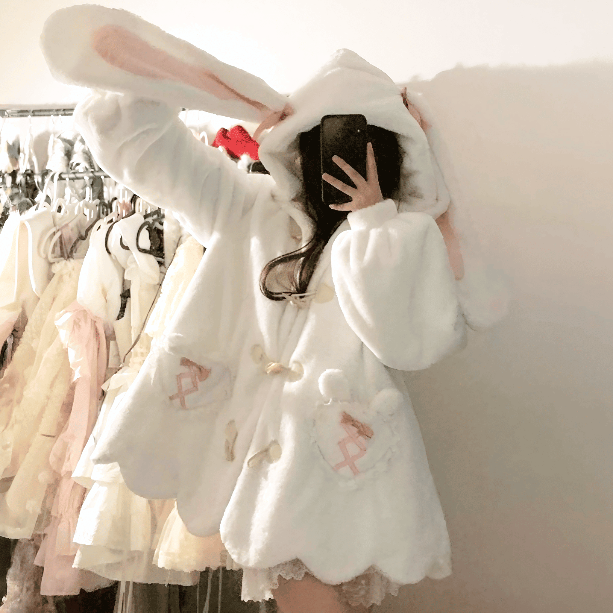 うさ耳ふわもこミルキーホワイトコート◆コート ガーリー系 S、M、L、XL、XXL