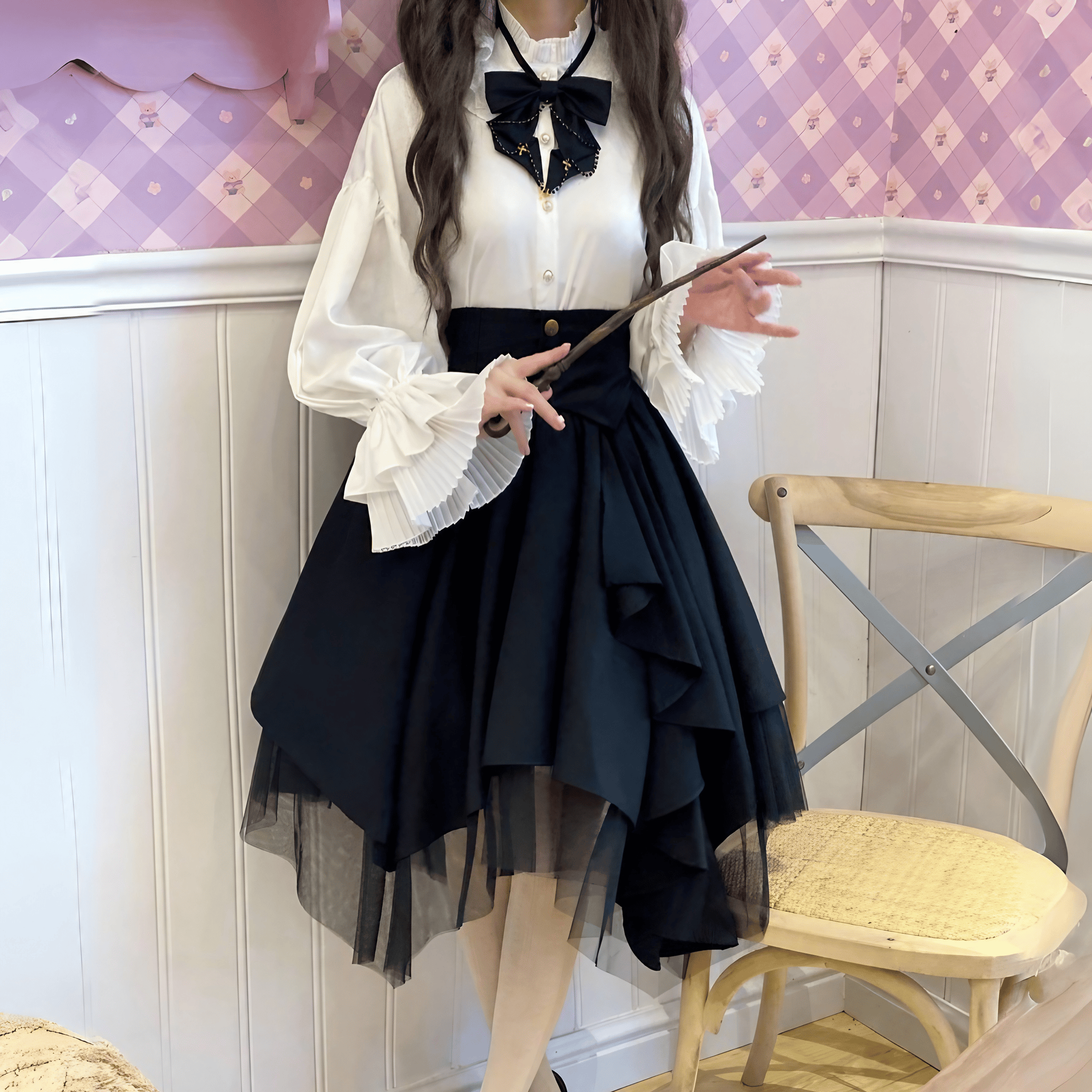 ビジューリボンベルスリーブブラウス◆ブラウス ゴシック系 S、M、L、XL