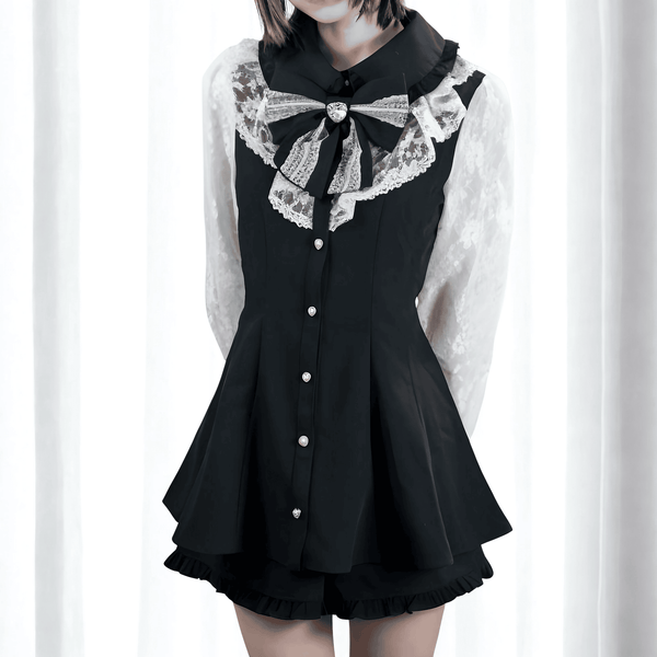 レーススリーブボウタイワンピース+ショーツセットアップ◆セットアップ 量産型 S、M、L、XL