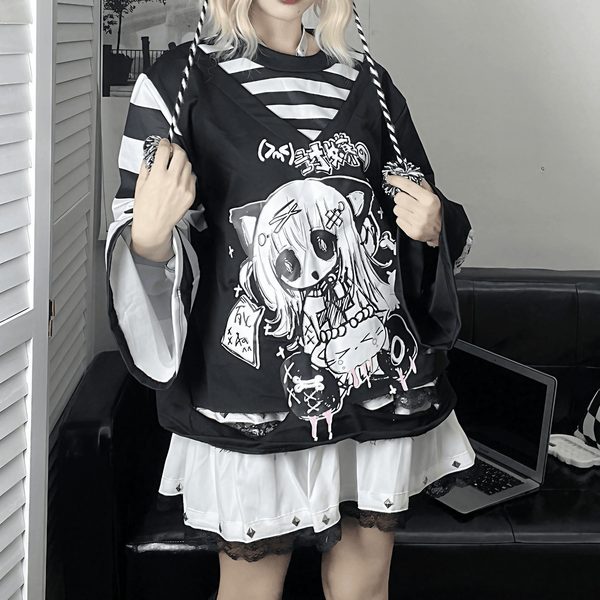 フェイクレイヤードガールプリントシャツ◆シャツ サブカル系 ワンサイズ