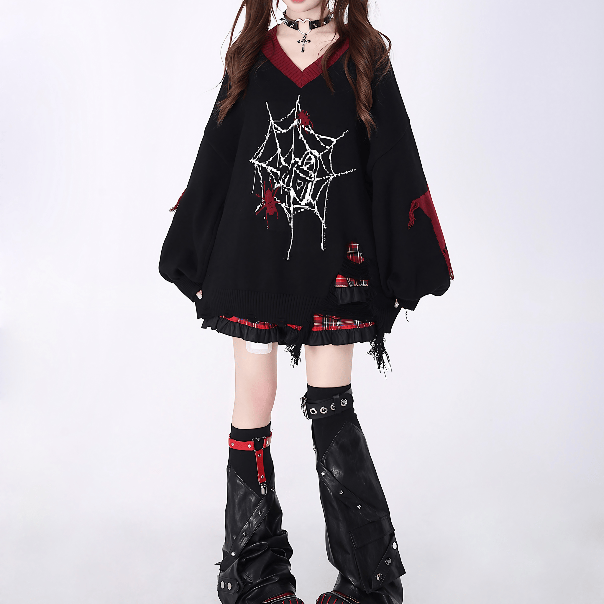 スパイダーウェブVネックニットセーター◆セーター 地雷系 S、M、L