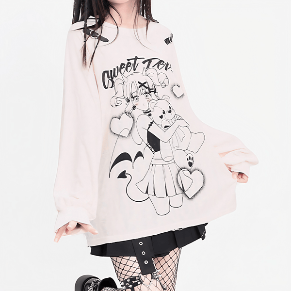 【CatWish】グラフィックロングスリーブトップ◆イラストTシャツ 地雷系 S、M