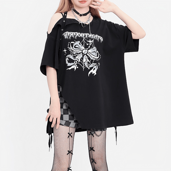 【CatWish】ゴシックプリントオフショルダーTシャツ◆イラストTシャツ 地雷系 S、M