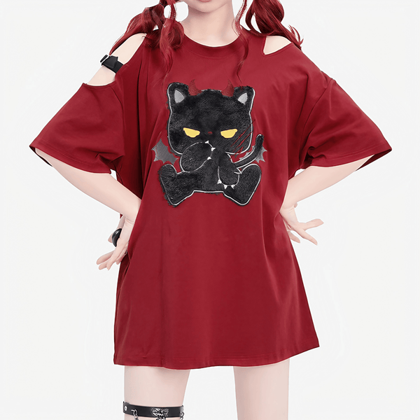 【CatWish】カットアウトデビルキャットTシャツ◆イラストTシャツ サブカル系 S、M