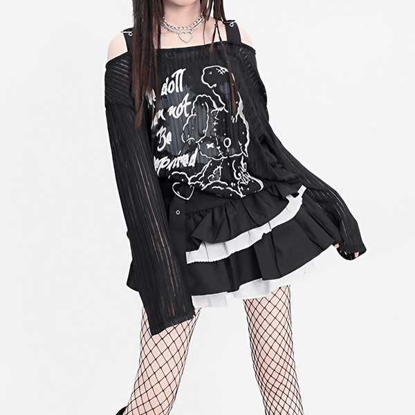 【CatWish】ブラックレイヤードラビットプリントトップ◆イラストTシャツ サブカル系 S、M