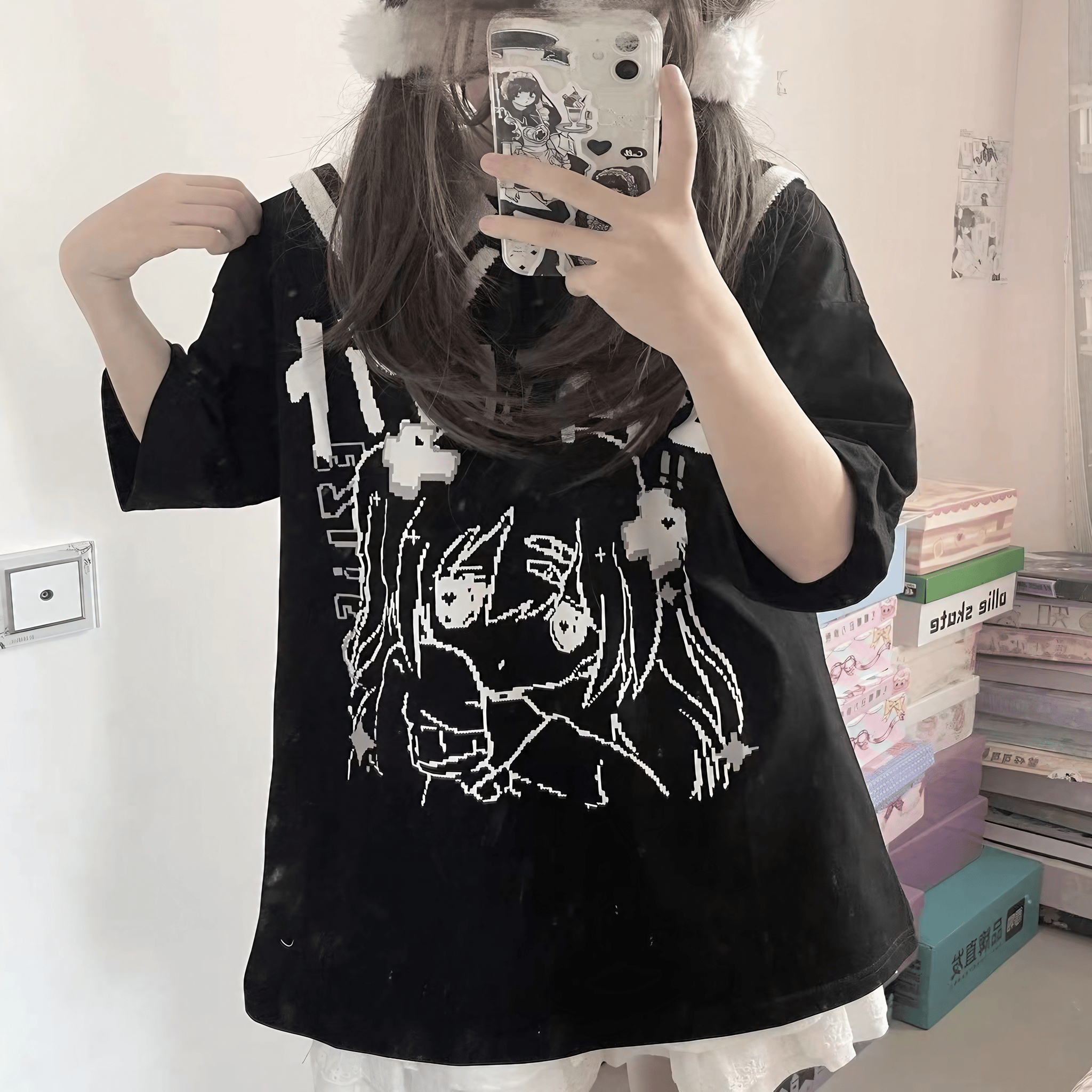 セーラーカラーグラフィックTシャツ◆イラストTシャツ サブカル系 S、M、L、XL、XXL