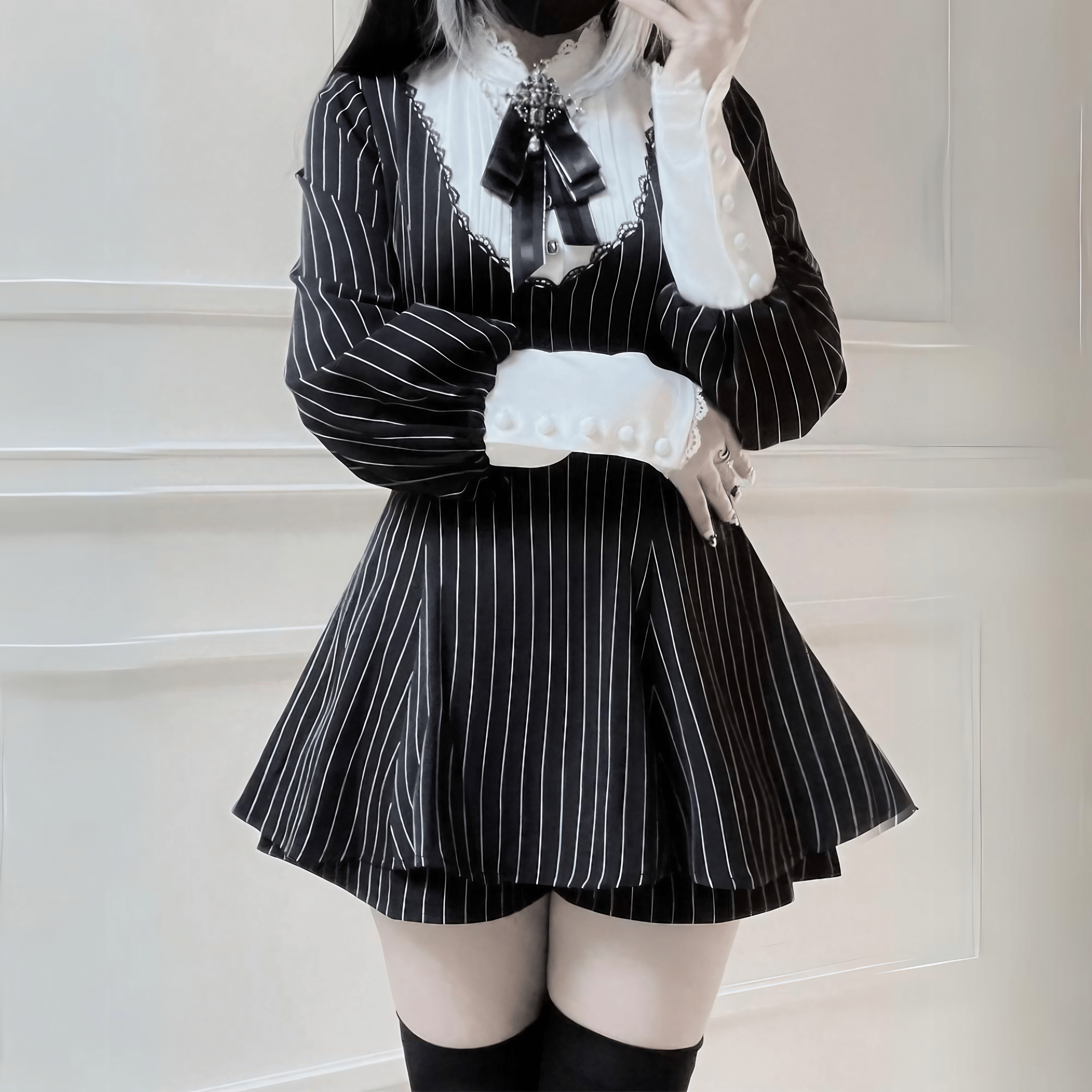 ロングカフスストライプセットアップ◆セットアップ 地雷系 S、M、L、XL