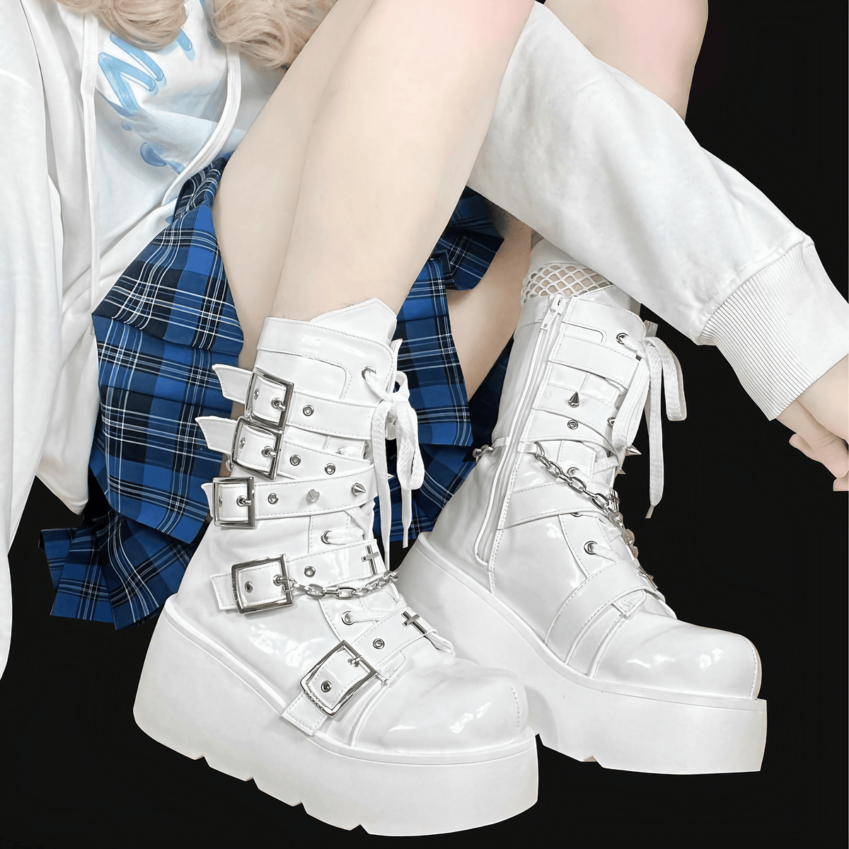 厚底ブーツ 白 ＋15cm コスプレ 男装 厚底 ブーツ ホワイト 淘宝網 靴 クロスチェーンナイト厚底ブーツ◇ブーツ 地雷系 – CIELOHUK