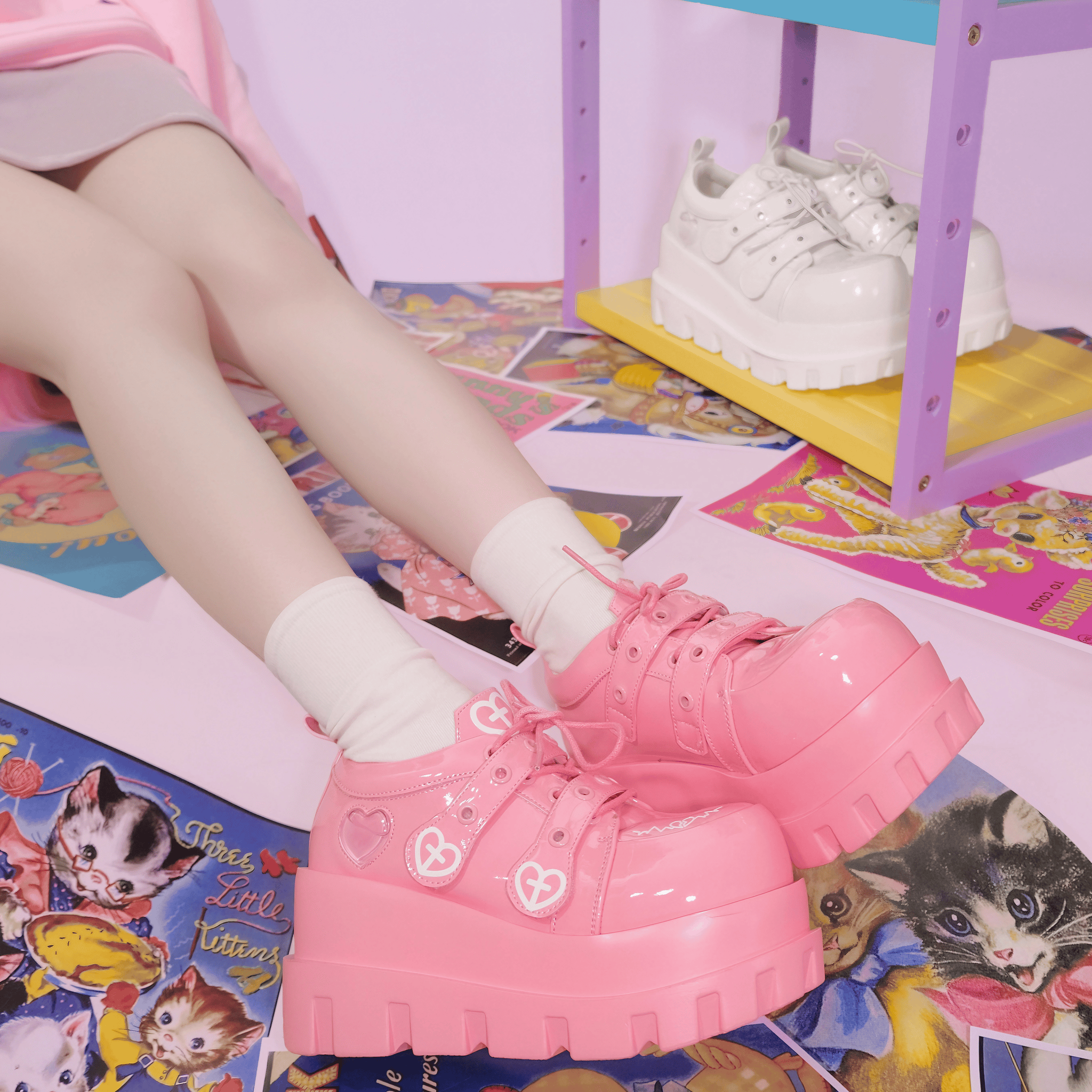 ハート&クロス春色厚底シューズ◆シューズ サブカル系