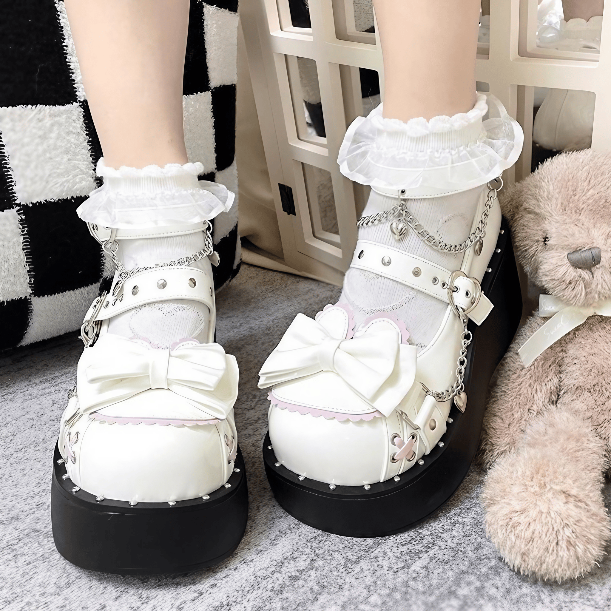 スタッズチェーン付厚底シューズ◆厚底パンプス ガーリー系