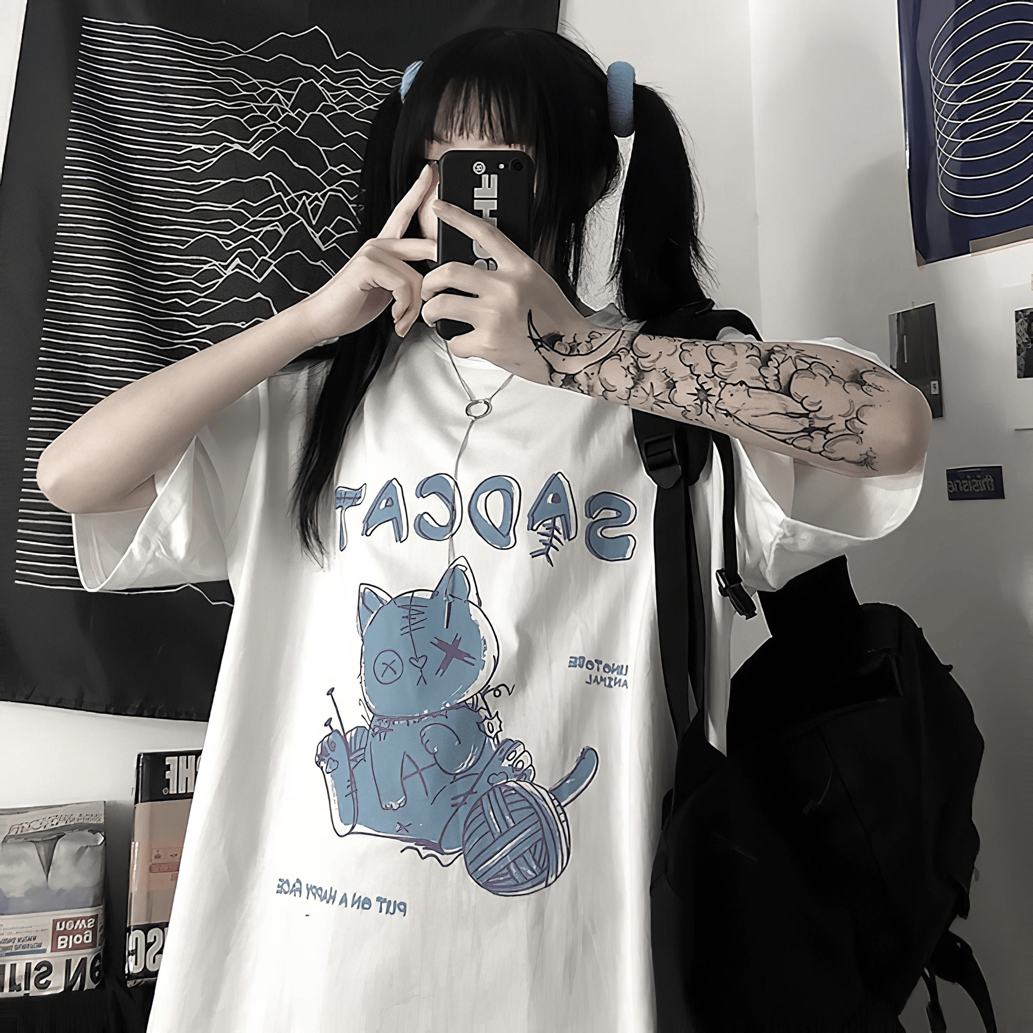 カジュアル猫プリントTシャツ◆イラストTシャツ サブカル系 M、L、XL