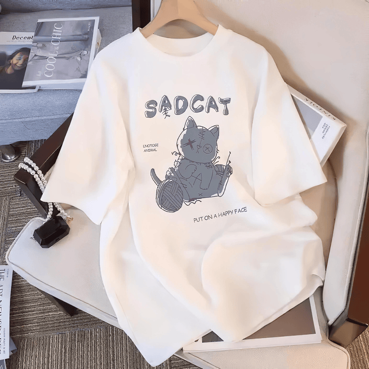 カジュアル猫プリントTシャツ◇イラストTシャツ サブカル系 M、L、XL カジュアル猫プリントTシャツ◇イラストTシャツ サブカル系 M、L、XL