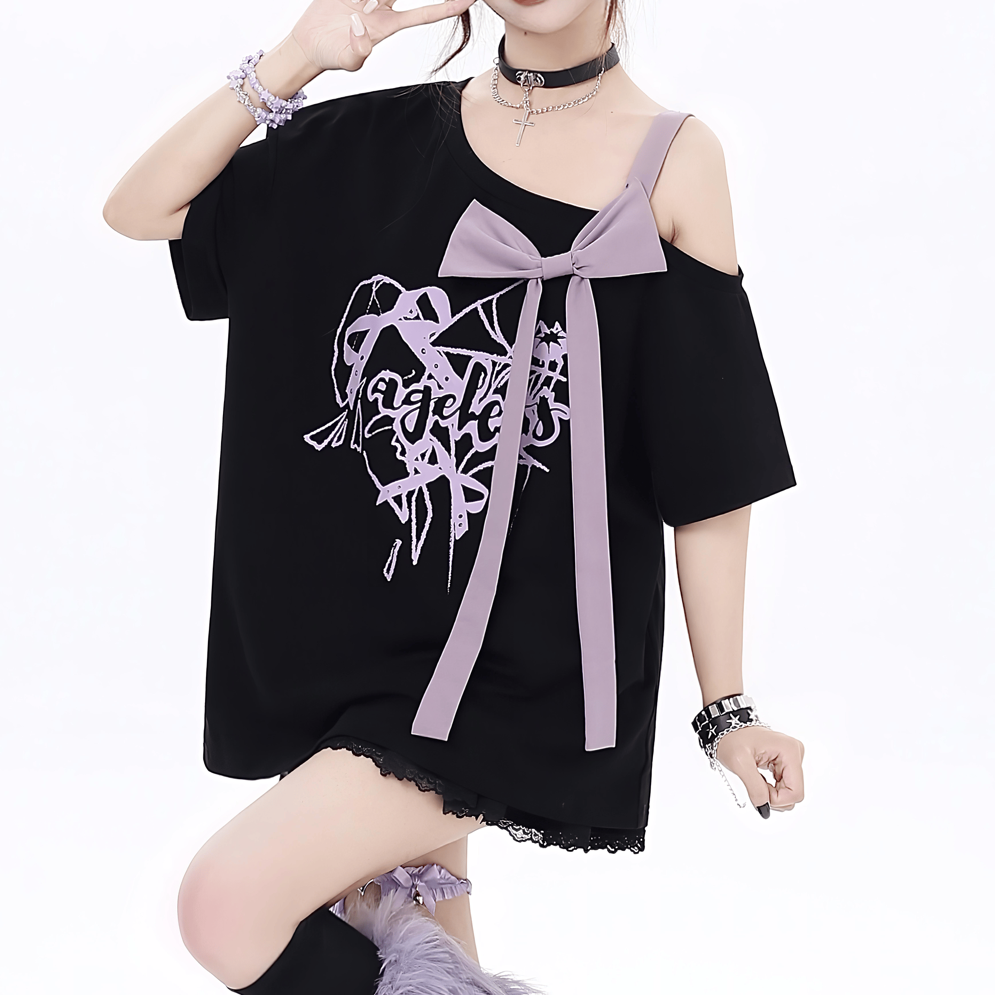 【CrazyGirl】リボン付きオープンショルダーTシャツ◆イラストTシャツ 地雷系 S、M