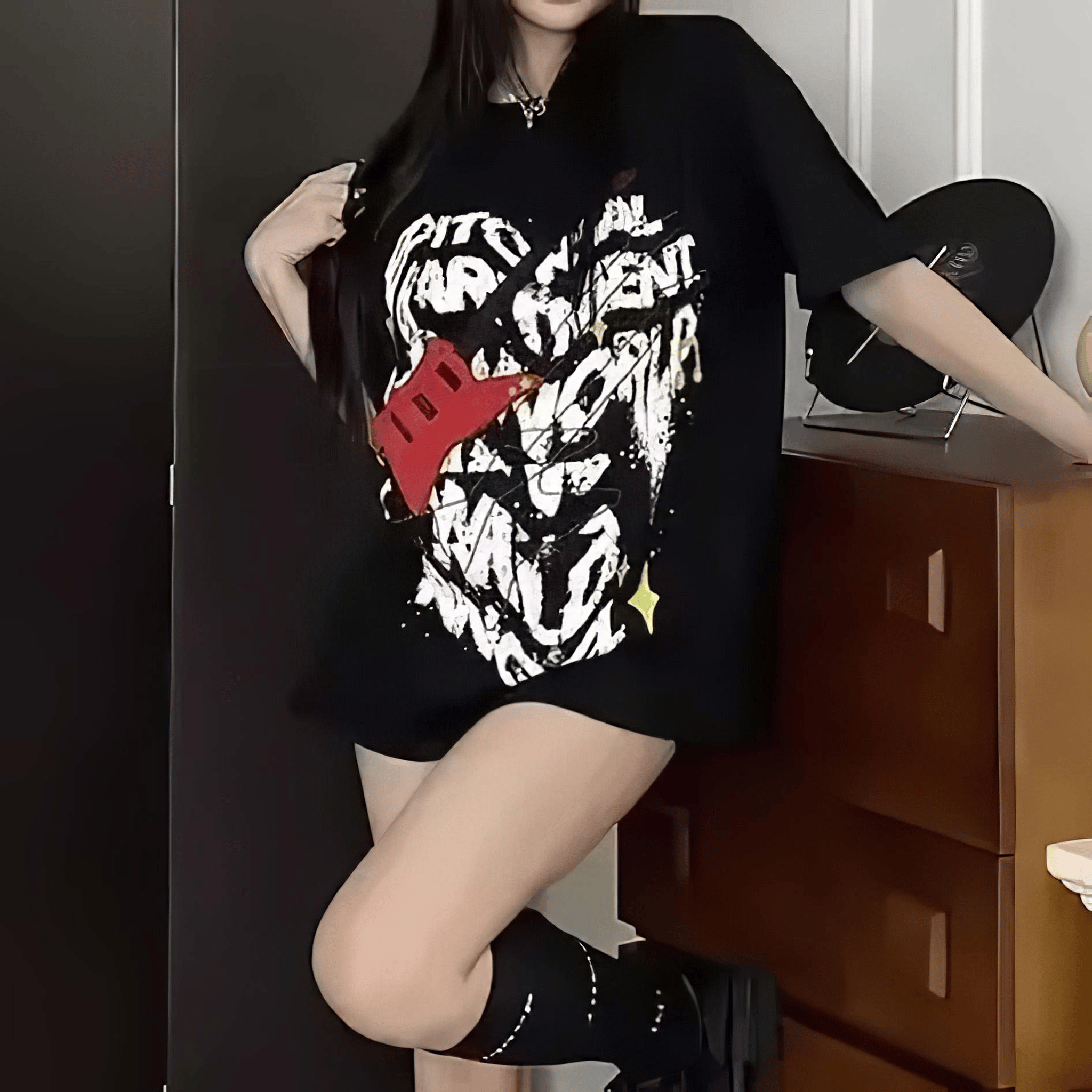 ストリートパンクギターTシャツ◆イラストTシャツ 地雷系 S、M、L、XL、XXL