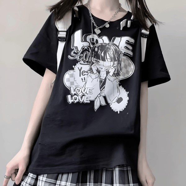 ラブプリントカジュアルTシャツ◆イラストTシャツ 地雷系 M、XL