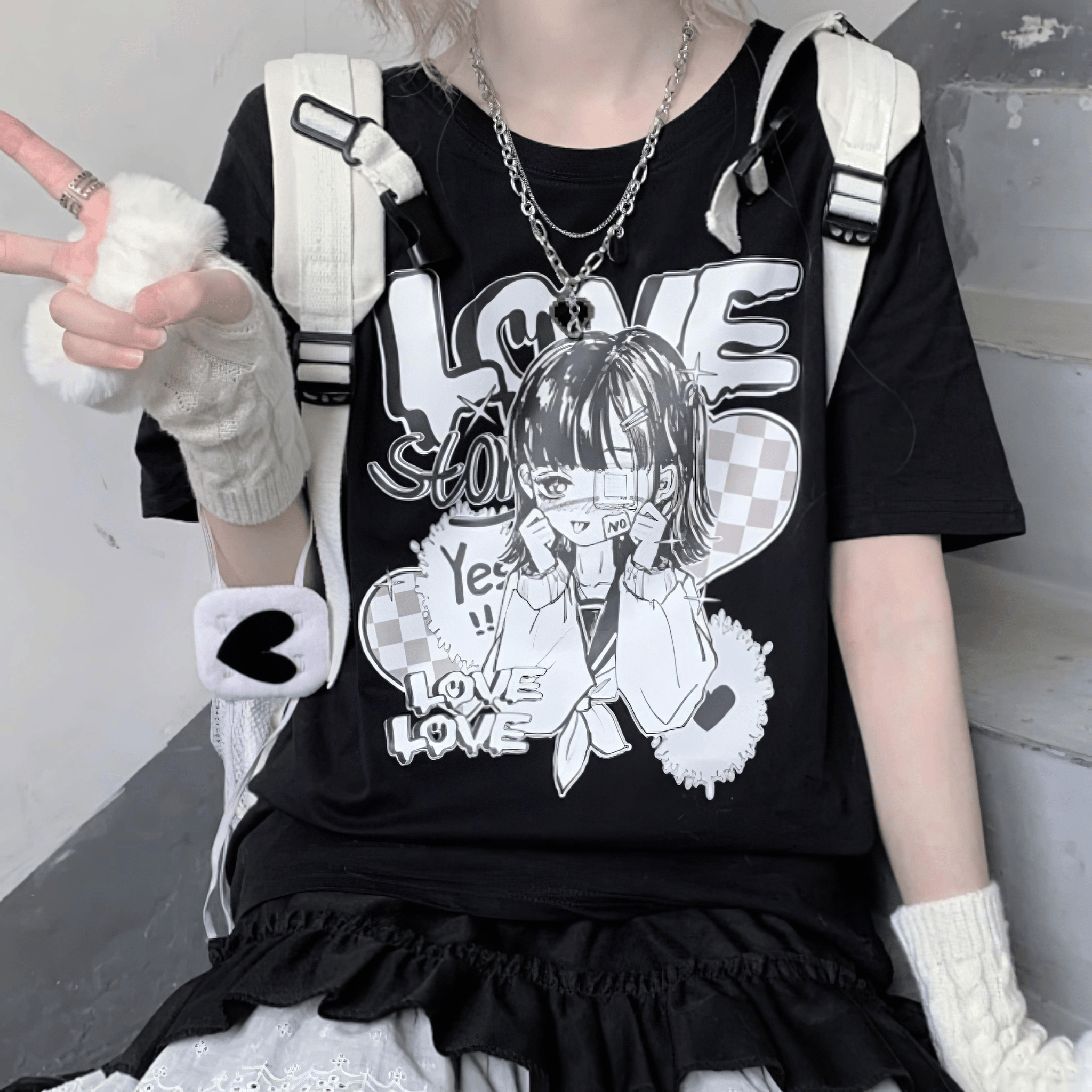 ラブプリントカジュアルTシャツ◆イラストTシャツ 地雷系 M、XL