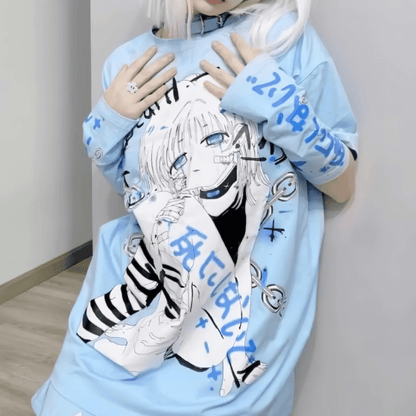 病みかわイラストTシャツ＆アームカバー◆イラストTシャツ 地雷系 M、L、XL、XXL