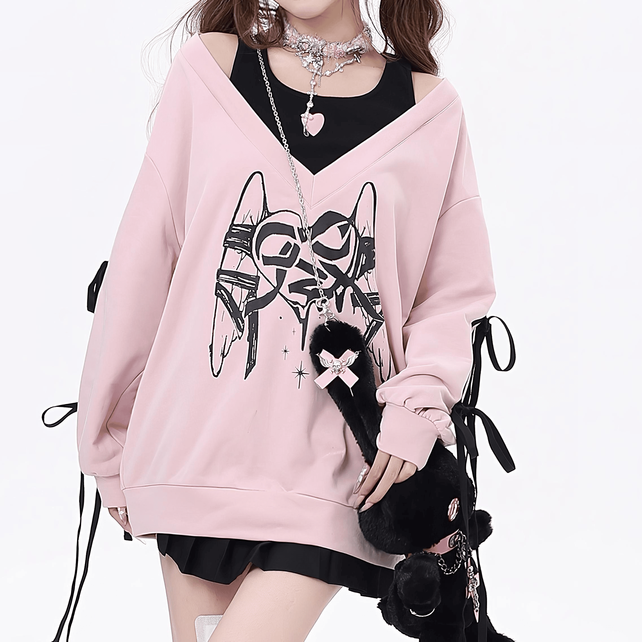 ガーリーVネックリボンスウェット◆スウェット ガーリー系 S、M、L、XL