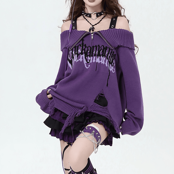 ストリート風オフショルダーニットセーター◆セーター 地雷系 S、M、L、XL