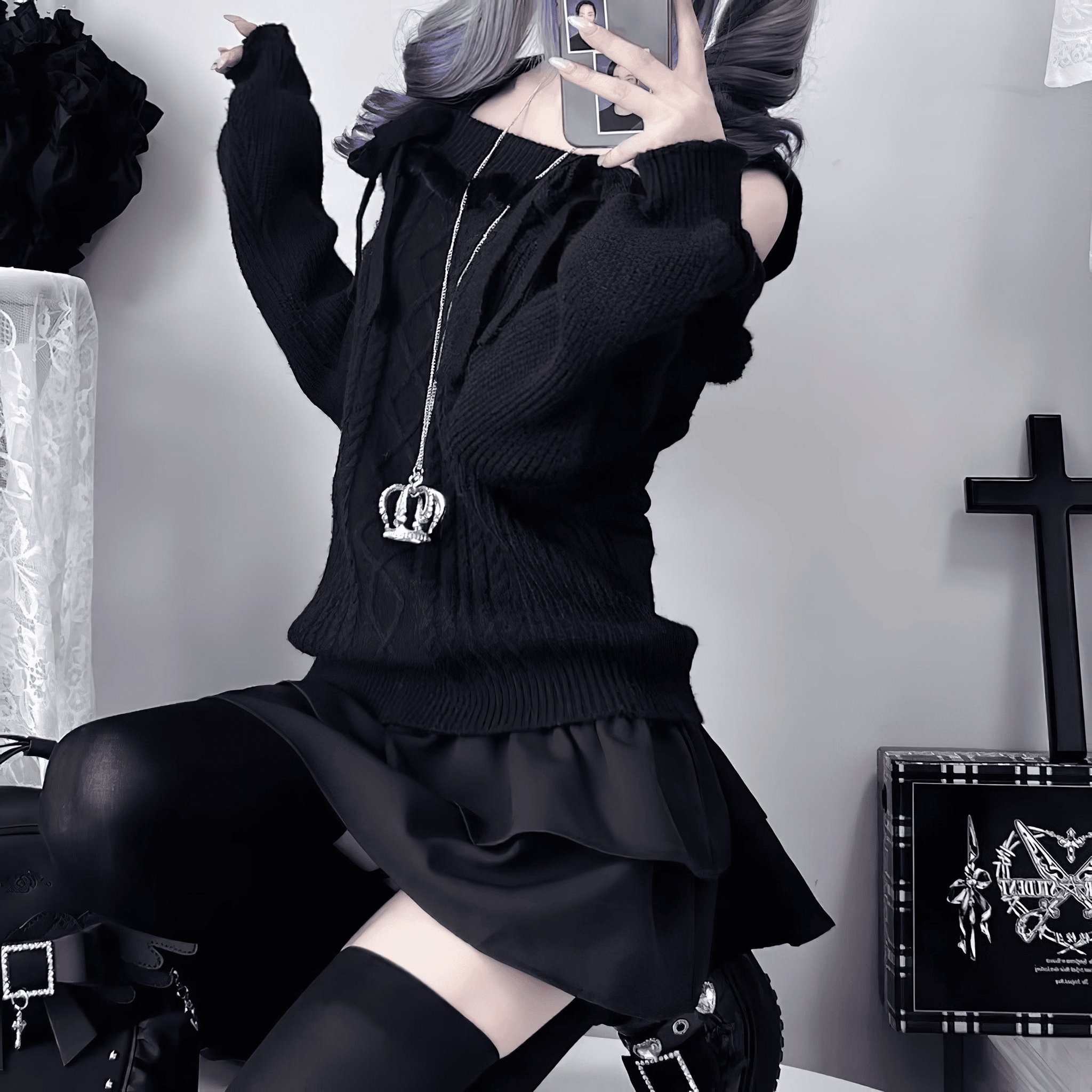 【kanna】ケーブル編みミニリボンオフショルセーター◆セーター ガーリー系 M、L