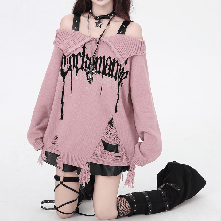 ジップ付きオフショルニットセーター◇セーター 地雷系 S、M、L ジップ付きオフショルニットセーター◇セーター 地雷系 S、M、L