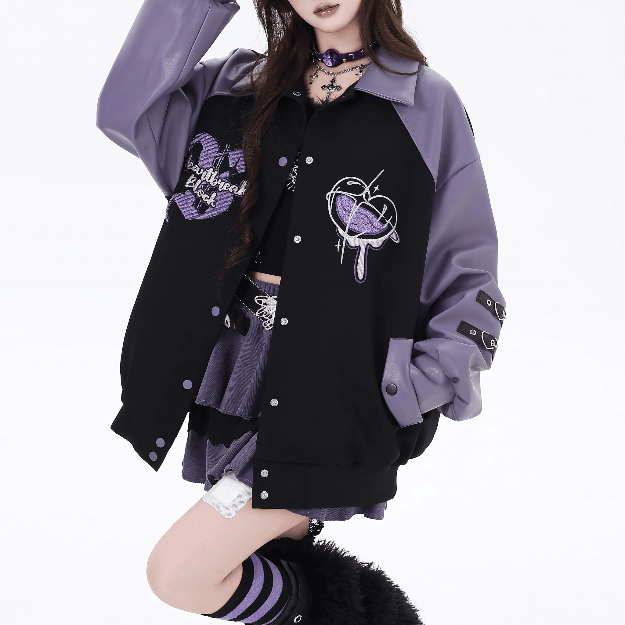 【CrazyGirl】チェック柄オーバーサイズスタジャン◆ジャケット ガーリー系 S、M、L