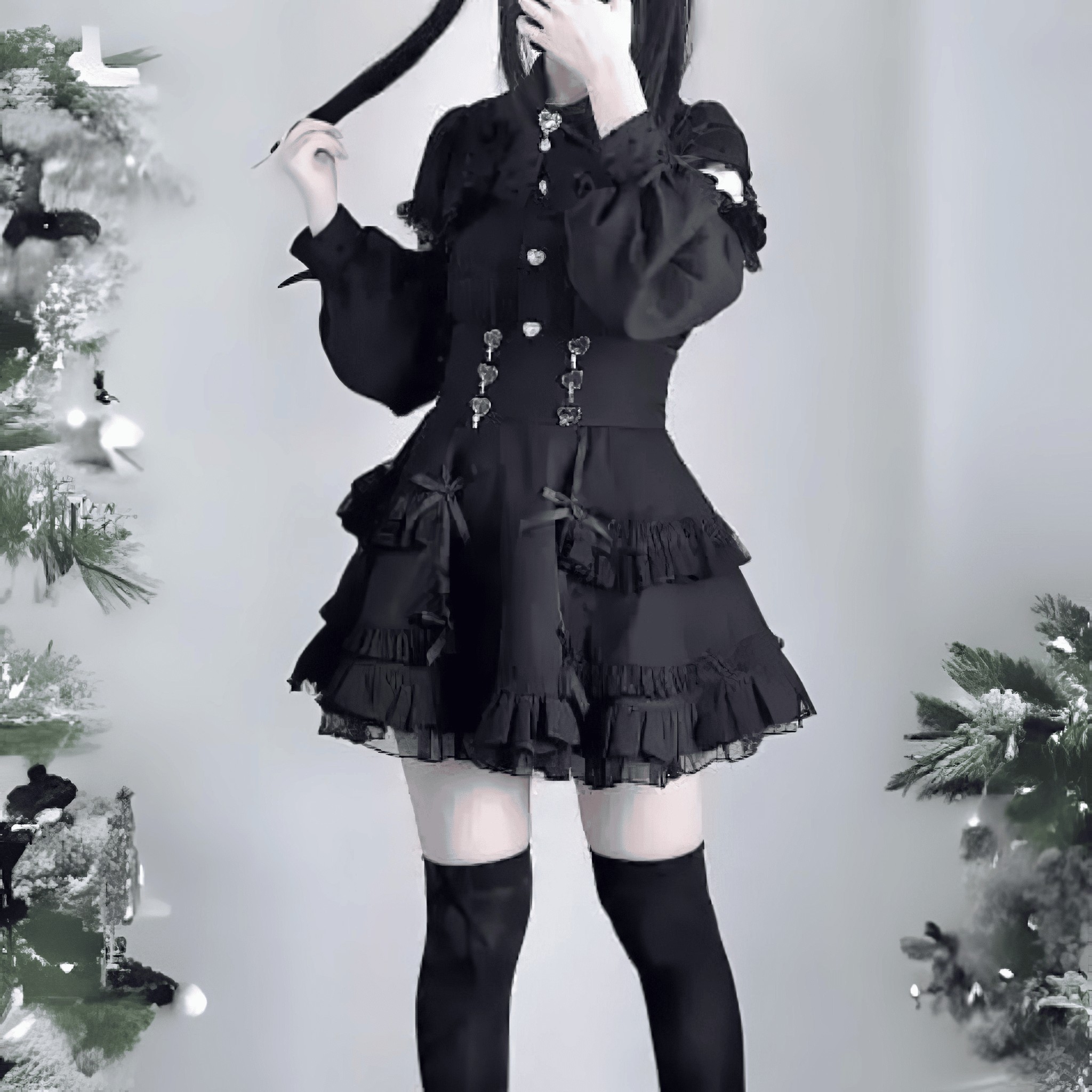 【升中味】ブラックシフォンティアードフレアスカート◆ミニスカート 地雷系 S、M、L、XL