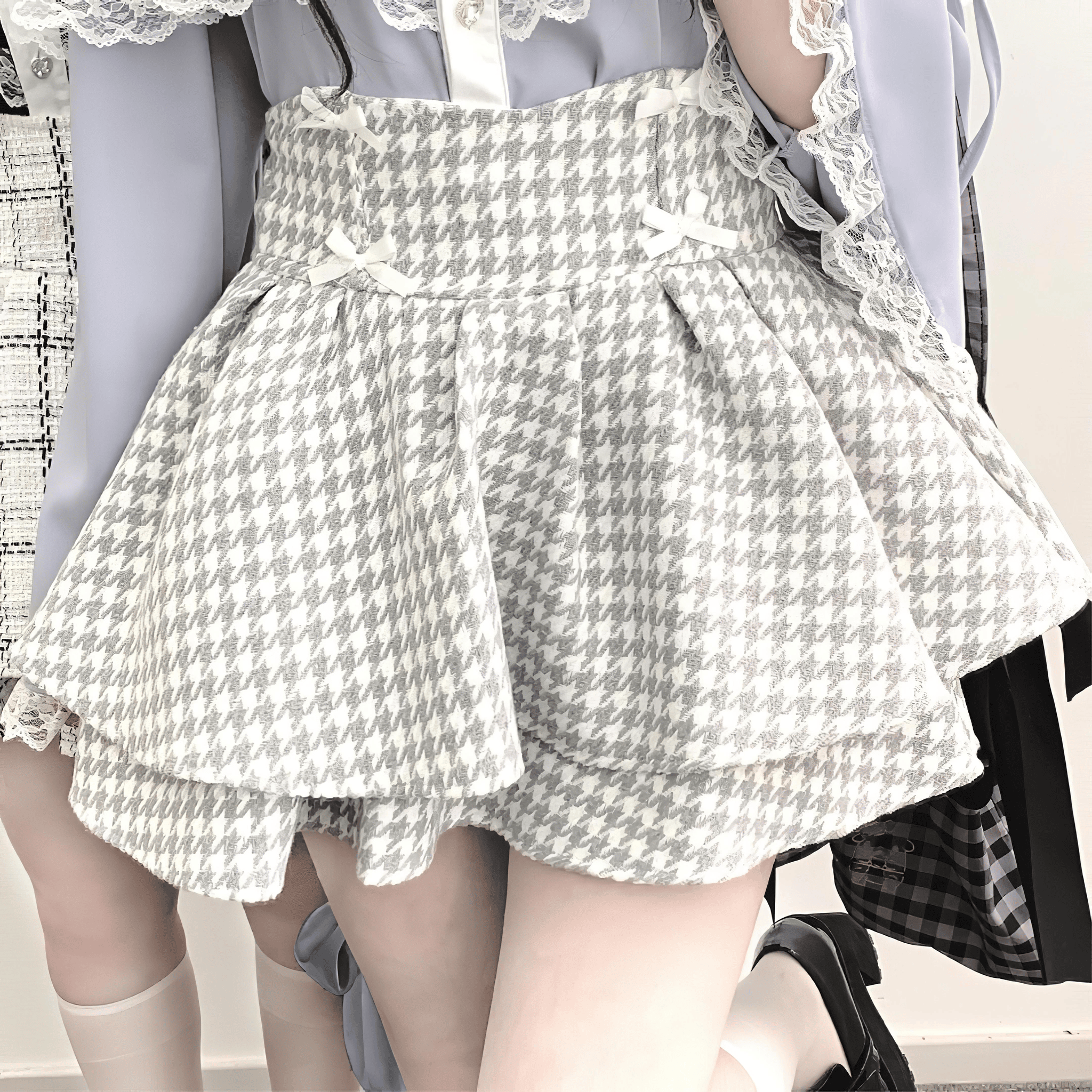 千鳥格×リボンガーリーボリュームスカート◆ミニスカート ガーリー系 S、M、L