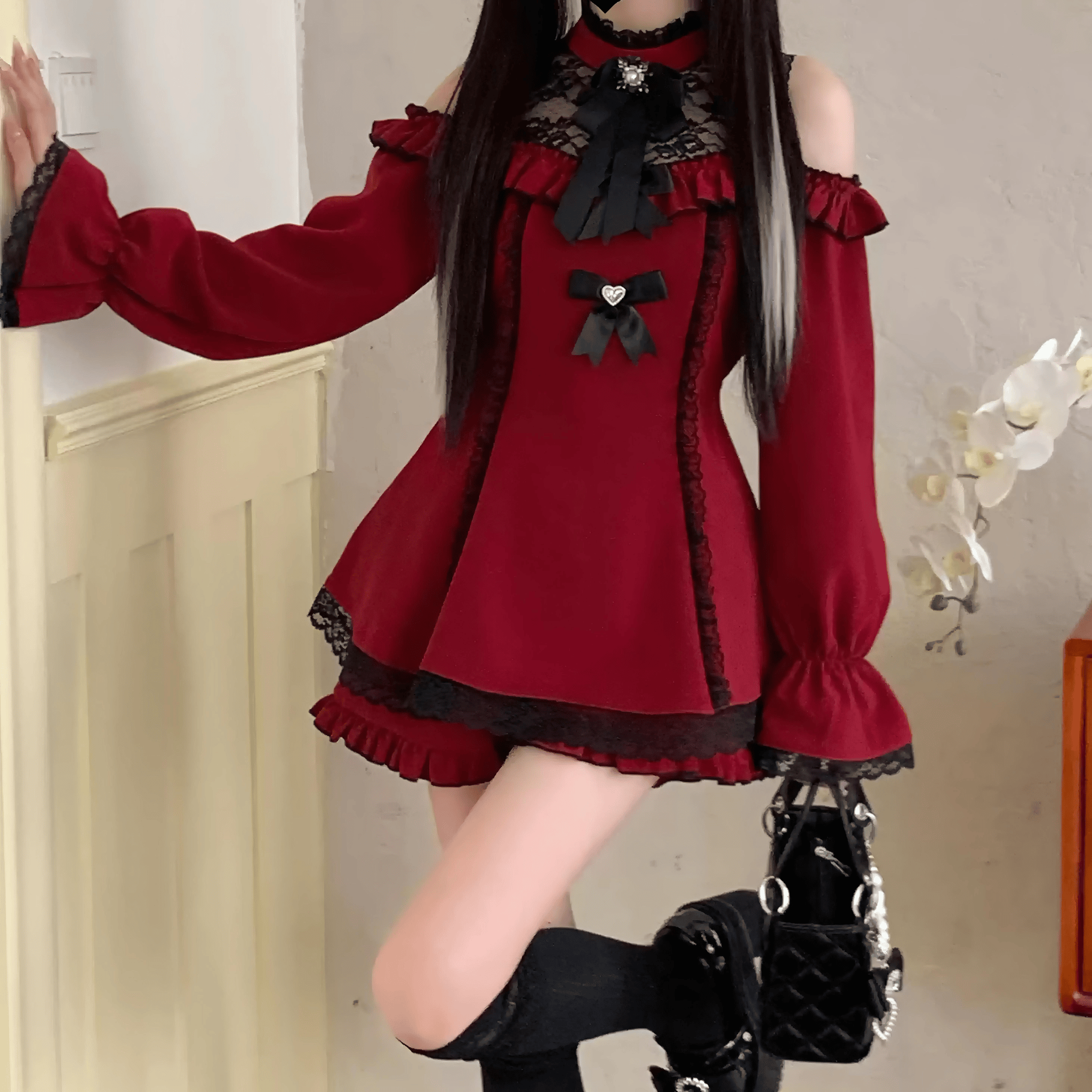 【NoGenki】オフショルビジューブローチセットアップ◆セットアップ 地雷系 S、M、L、XL