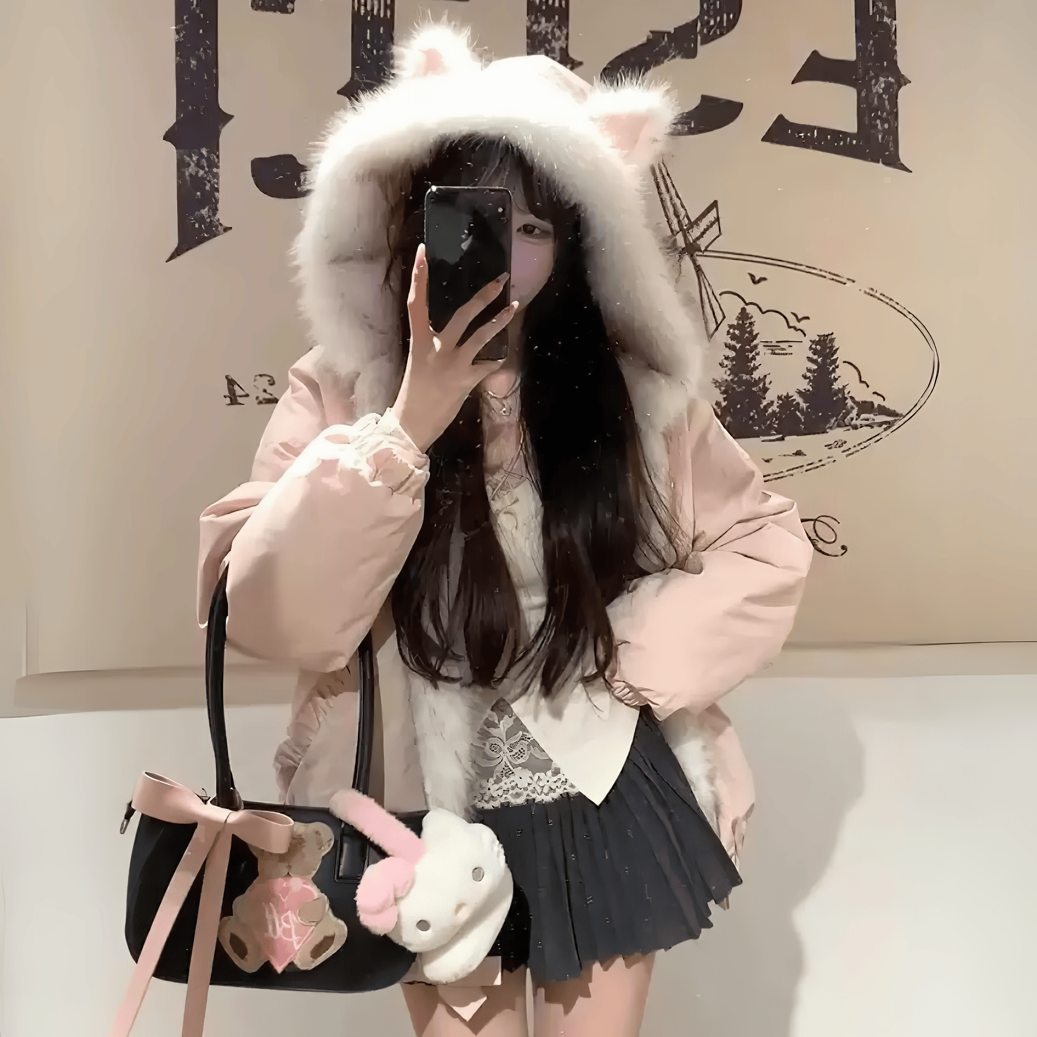 耳付きガーリーファーパーカー◆パーカー ガーリー系 S、M、L、XL、XXL