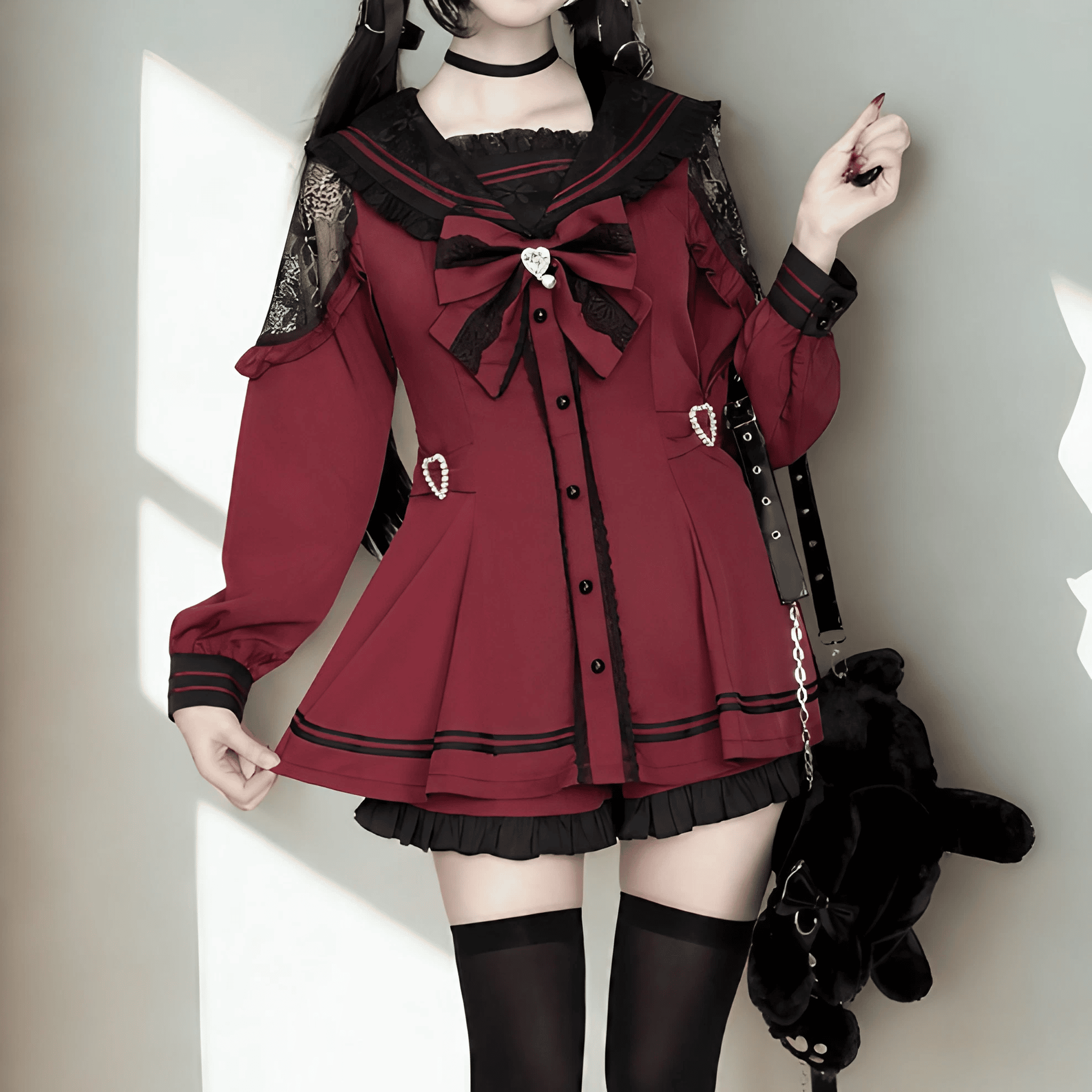 【BrokenBear】セーラーカラーシアーレースセットアップ◆セットアップ 地雷系 S、M、L、XL、XXL