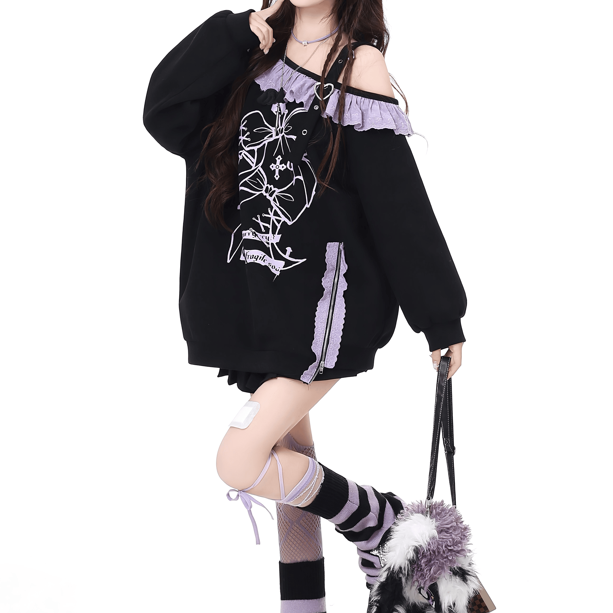 【CrazyGirl】レースアップフリルオフショルスウェット◆スウェット 地雷系 S、M