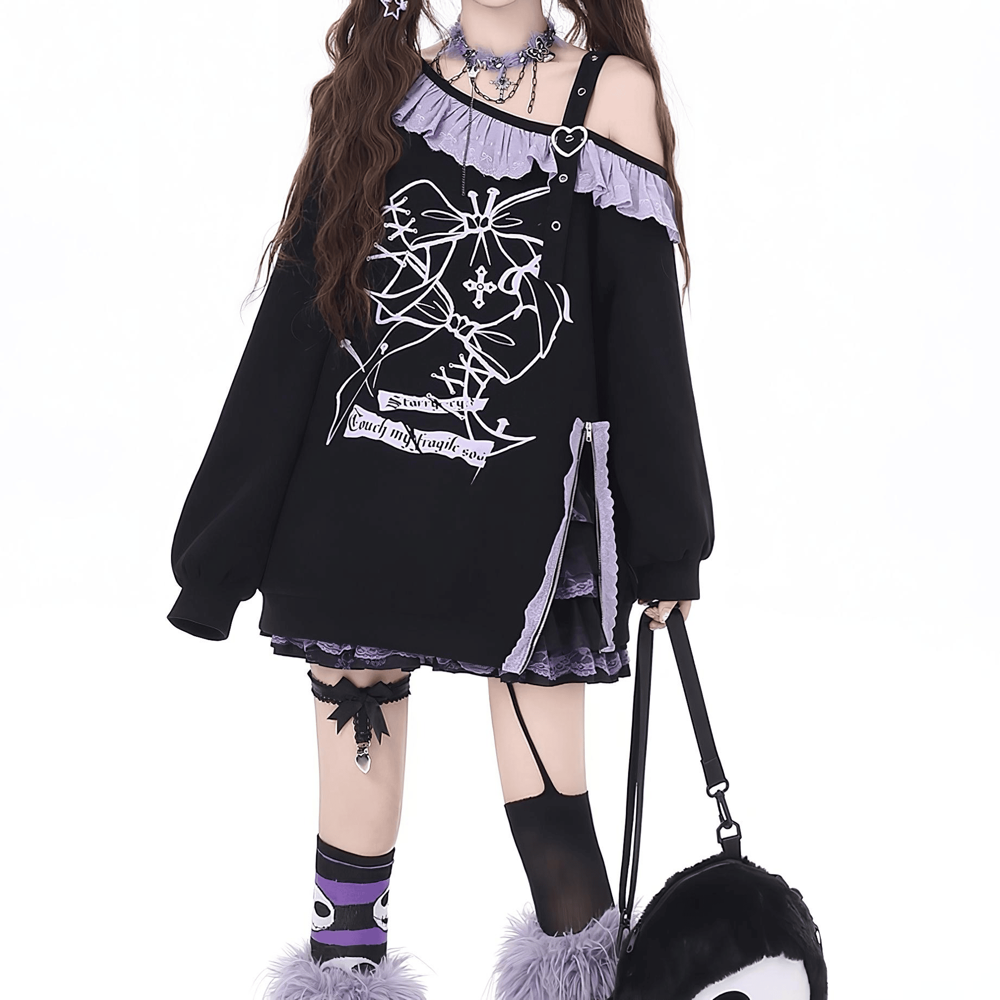 【CrazyGirl】レースアップフリルオフショルスウェット◆スウェット 地雷系 S、M
