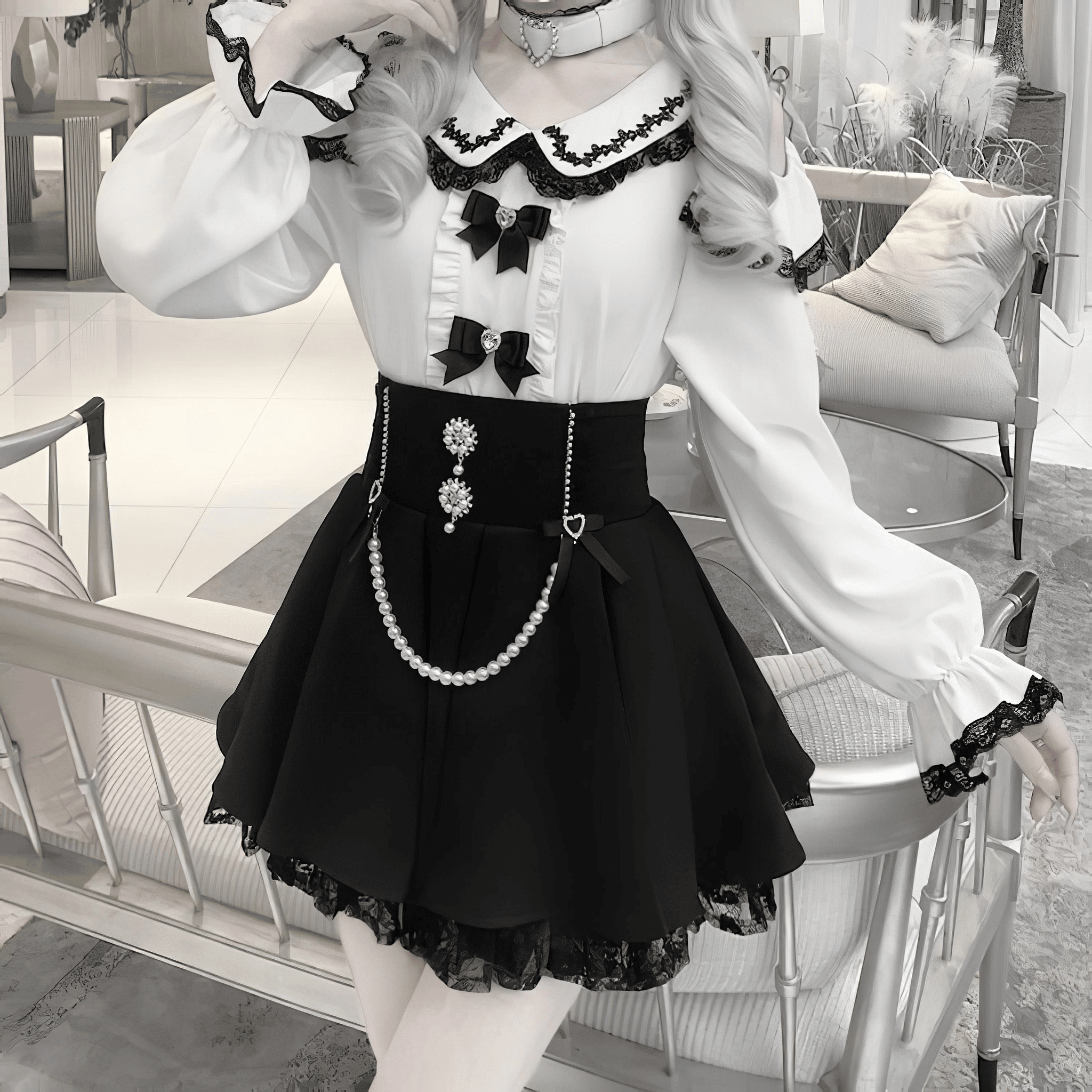 【银河与你】ビジュー＆パールハイウエストスカート◆ミニスカート 地雷系 M、L、XL