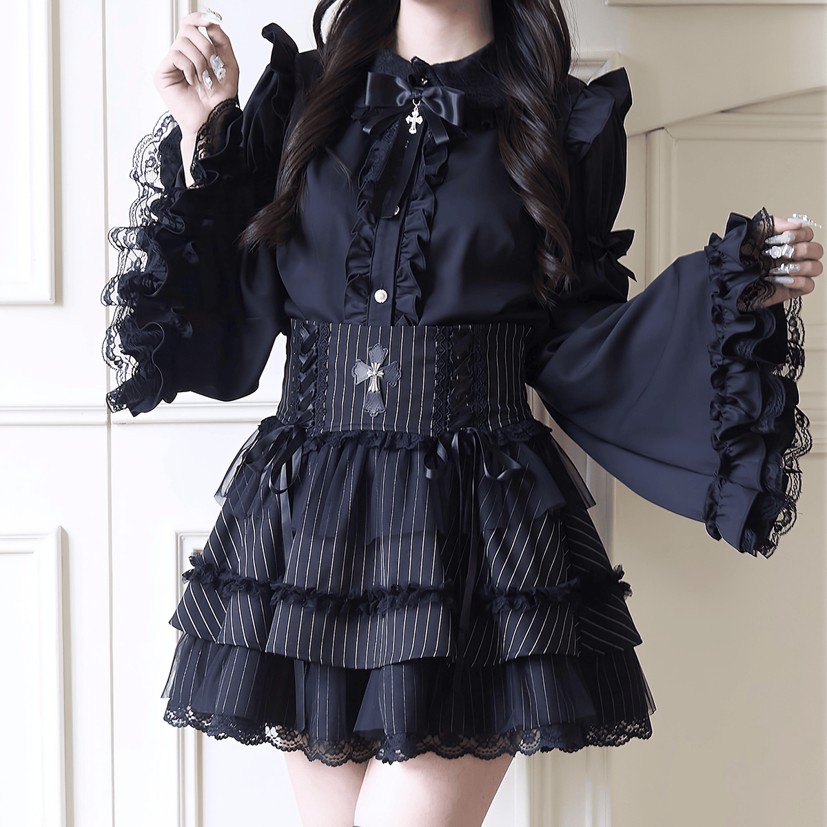 フリル＆レース姫袖ブラウス(袖取り外し可)◇ブラウス 地雷系 S、M、L